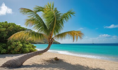 Obraz premium Tropical beach scene with a leaning palm tree