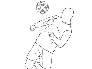 A line art illustration of a soccer player heading the ball in action