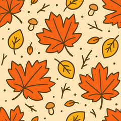 Naklejka premium Cute Handdrawn Autumn Maple Leaf Seamless Pattern on Beige Background
