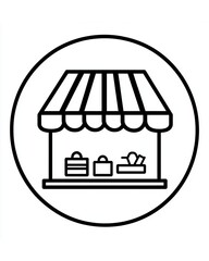 Storefront line icon inside circle with awning and display items representing marketplace