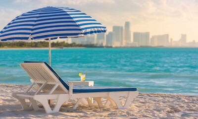 Tropical beach scene with chaise lounge, umbrella, and cocktail.  Coastal cityscape in the background