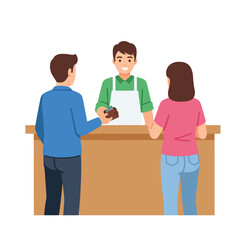 Purchasing Dessert Customer Buying Sweet Treat from Smiling Vendor at Counter