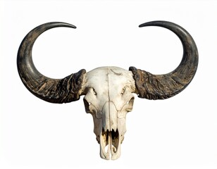 View of a Buffalo skull with long horns isolated on white background