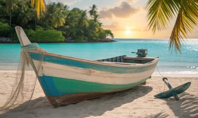 Fototapeta premium Tropical beach scene with fishing boat
