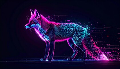 Futuristic-Holographic Digital Fox with Vibrant Glitch Effects, Showcasing Neon Magenta-Cyan Distortions and Pixel Fragment Trails on a Dark Background