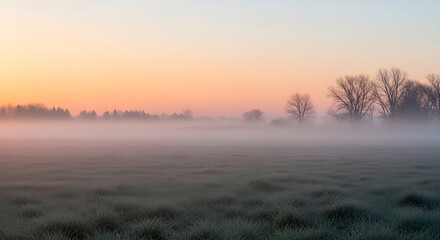 Serene Atmospheric Rural Landscape Scenery with Foggy Sunrise in Meadow