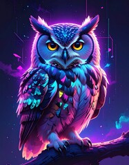 Hypnotic Cyber-Owl A futuristic avian portrait shimmering with neon-luminous feathers and vibrant digital-glitch effects against a dark, cosmic-inspired backdrop