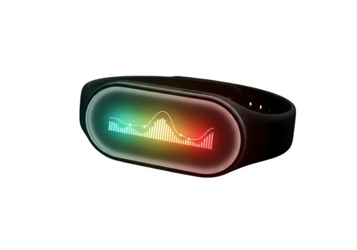 Smart bracelet isolated on transparent background displaying a colorful waveform, a modern wearable technology for health monitoring and data visualization