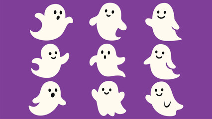 Vector Illustration of Cute Cartoon Ghost Characters Set for Halloween