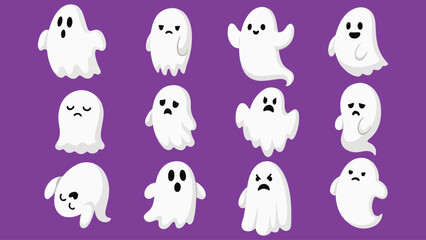 Vector Illustration Set of Cute Cartoon Ghost Characters with Different Expressions for Halloween