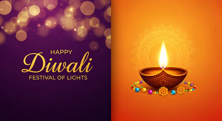 Happy Diwali Poster with Diya Lamp and Peacock Vector Illustration. Indian festival of lights Design. Suitable for Greeting Card, Banner, Flyer