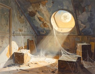 Moonlit halloween horror scene in a scary, spooky attic, filled with the presence of a ghost