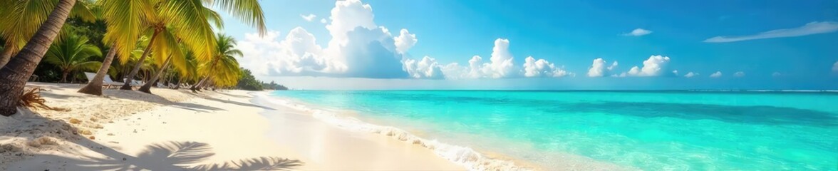 Obraz premium Sun-drenched beach scene with vibrant turquoise water, fluffy white clouds, and golden sand Perfect for travel, vacation, and summer promotional materials , freedom, idyllic