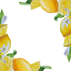 Watercolor lemon set. Half, slice, green leaf, branch of summer tropical fruit. Antiviral health food. Perfect for home decor, card making, cocktail menu.