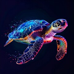 Vibrant iridescent sea turtle, a luminous digital-art spectacle glowing with futuristic neon patterns and subtle pixelated distortions, creating a captivating abstract marine vision