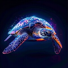 Energetic-Flow A Bioluminescent Sea Turtle with Vibrant Neon Patterns and Pulsating Light, Drifting Through a Dark, Futuristic, and Hypnotic Digital Abyss