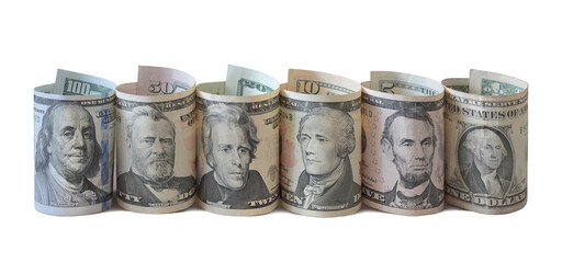 Row of US dollar bills with American presidents isolated on transparent background.