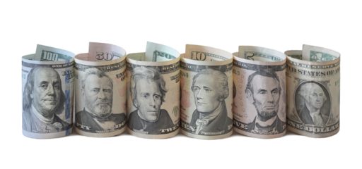 Row of US dollar bills with American presidents isolated on transparent background.