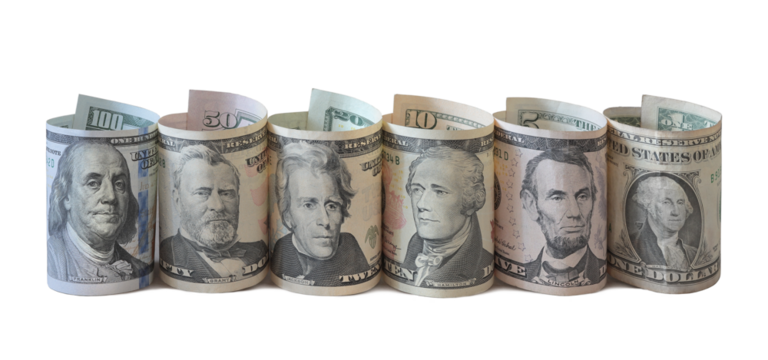 Row of US dollar bills with American presidents isolated on transparent background.