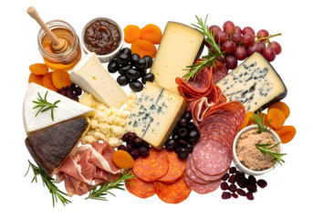 An overhead shot of a charcuterie board featuring a variety of cheeses, meats, fruits, and spreads arranged artfully on transparent background isolated on transparent background