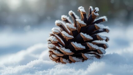 Pine cone covered in snow winter scene