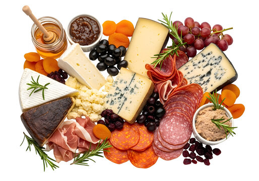 An overhead shot of a charcuterie board featuring a variety of cheeses, meats, fruits, and spreads arranged artfully on transparent background isolated on transparent background