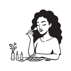 Black and white line art of a beautiful woman doing makeup at dressing table with mirror illustration
