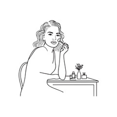 Black and white line art of a beautiful woman doing makeup at dressing table with mirror illustration
