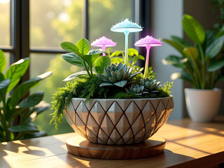 Magically Realistic Flower Pot: Holographic Mushrooms and Organic Vegetation with Built-in Wireless Charger