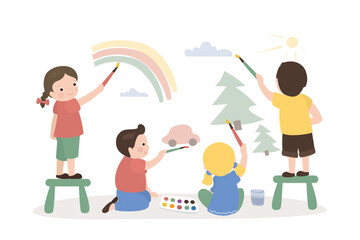 Cute little kids draws with paints various pictures. Happy children in nature having fun. Caucasian students artist paints with watercolors. Education, art, teamwork.
