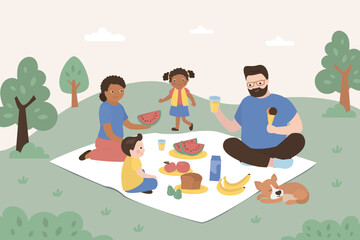 Happy multiethnic family having a picnic in the park or forest. Dad, mom, son, daughter are resting together in nature. Parents and kids spending time together.