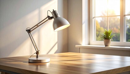Desk lamp illuminating a wooden table by a sunlit window with a potted plant