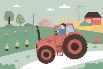 Little boy farmer on tractor. Happy childhood banner or poster with child driving toy tractor in countryside. Rural view. Kids play activity.