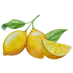 Watercolor lemon set. Half, slice, green leaf, branch of summer tropical fruit. Antiviral health food. Perfect for home decor, card making, cocktail menu.