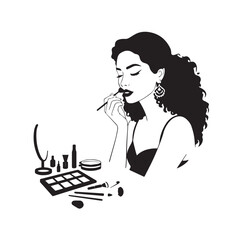 Black and white line art of a beautiful woman doing makeup at dressing table with mirror illustration

