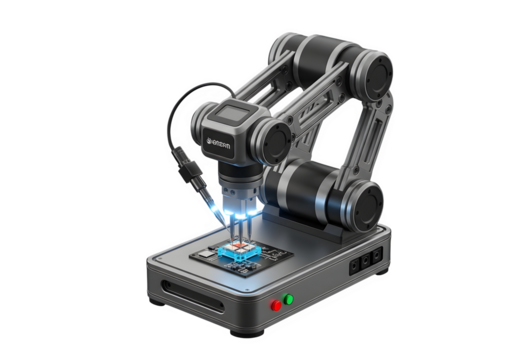Precision robotic arm with microscope for microchip inspection, showcasing advanced technology and engineering isolated on transparent background