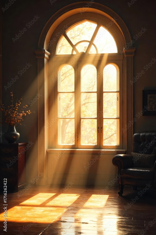 Wall mural sunlight streams through a large window, illuminating dust motes dancing in the golden light the sce