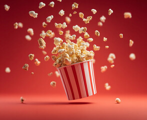 Popcorn bursts from a striped container against a red backdrop