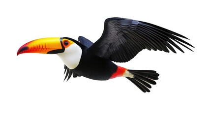 Naklejka premium A toucan in mid-flight. its colorful beak and feathers against a clean white background. perfect for nature-related projects or wildlife education