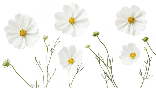 A serene arrangement of white cosmos flowers and delicate green stems on a minimalist white background. ideal for nature-themed projects or floral design inspiration - Powered by Adobe