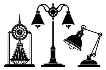 Lighting set vector silhouette chandelier, desk lamp and floor lamp