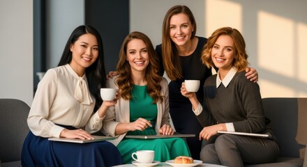 Young diverse professionals sharing coffee and conversation in a modern office lounge, relaxed and collaborative atmosphere