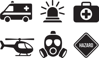 Emergency response icons ambulance helicopter gas mask hazard sign