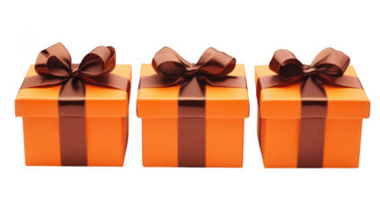 Three orange gift boxes adorned with elegant brown ribbons. arranged neatly on a clean white surface. symbolizing celebration and giving. perfect for holiday or event-themed visuals