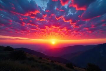 Fototapeta premium Vibrant hues paint the sky as the sun dips below the horizon, creating a breathtaking spectacle of color and light Perfect for travel, nature, and landscape projects , dramatic, natural phenomenon