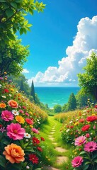 Naklejka premium Vibrant summer scene bursting with colorful flowers, lush greenery, and a bright blue sky Perfect for summer themes, travel, nature, and joyful imagery , idyllic, positive