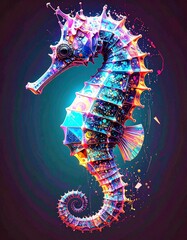 Vibrant-Seahorse-Art A Dynamic-Digital-Creation with Holographic-Glow, Neon-Glitch-Distortion, and Fragmented-Pixel-Details – A Captivating-Aquatic-Spectacle