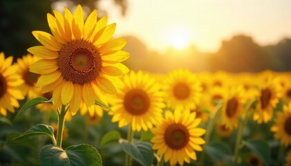 Obraz premium Vibrant sunflowers basking in the warm glow of summer sunshine, petals reaching towards the golden light A picturesque scene of nature's beauty and energy , agriculture, background, growth