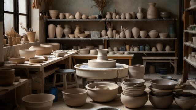 Pottery studio with wheel and finished ceramics