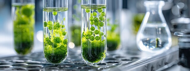 Green Plants in Test Tubes in a Laboratory Setting.